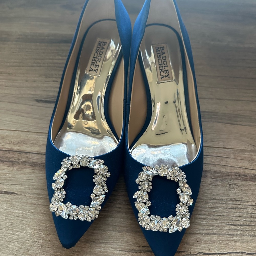 Badgley Mischka Blue Satin Crystal Embellished Pointed Toe Heels